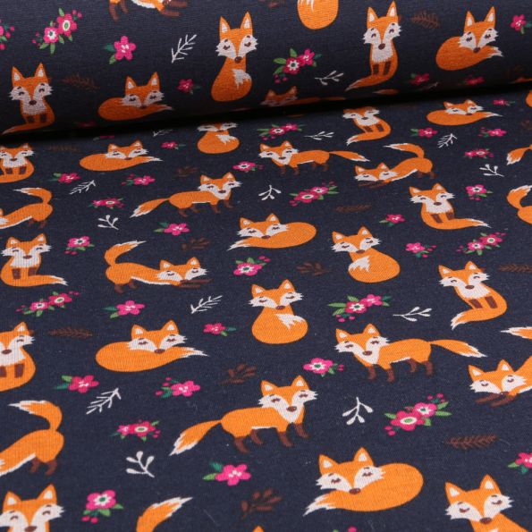 Tissu Sweat envers polaire Foxy Renard sur fond Bleu marine - Par 10 cm