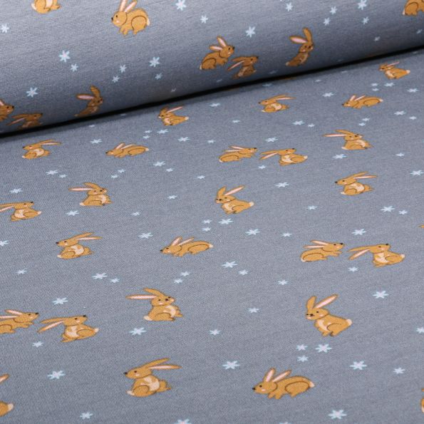 Tissu Sweat envers molletonné Bunny cute sur fond Bleu gris - Par 10 cm