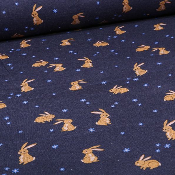 Tissu Sweat envers molletonné Bunny cute sur fond Bleu marine - Par 10 cm