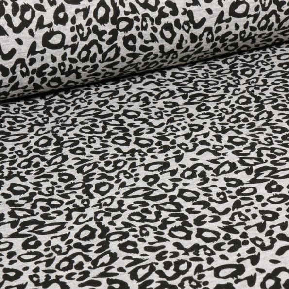 Tissu Sweat envers molletonné Leopard Love sur fond Gris clair - Par 10 cm