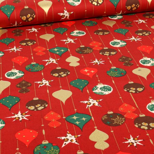 Tissu Coton imprimé Ornements de noël sur fond Rouge foncé - Par 10 cm
