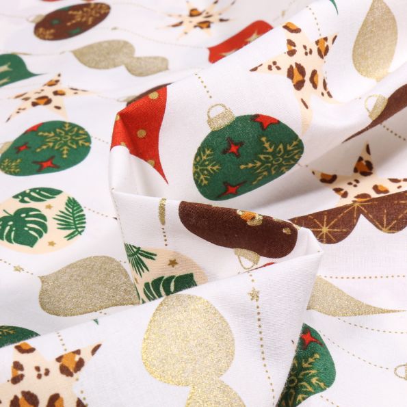 Tissu Coton imprimé Ornements de noël sur fond Blanc - Par 10 cm