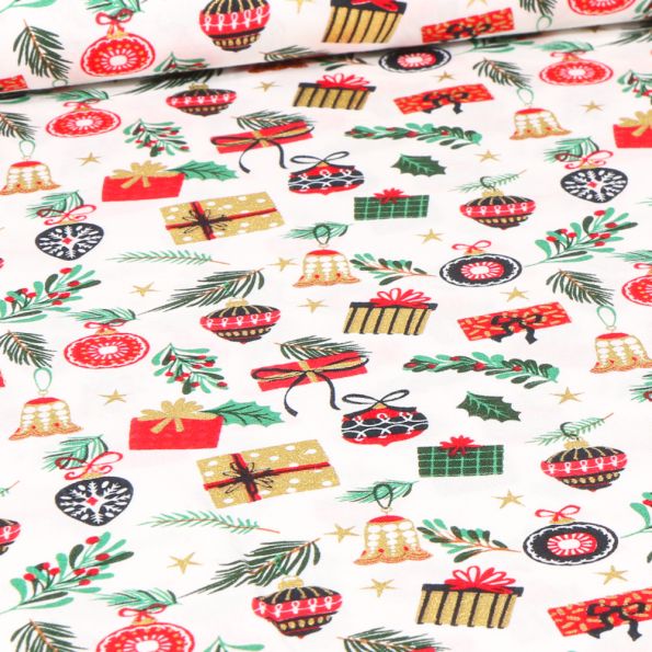 Tissu Coton imprimé Cadeaux de Noël sur fond Blanc - Par 10 cm