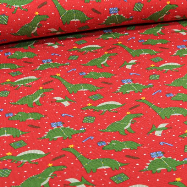 Tissu Jersey Coton Dino Christmas sur fond Rouge - Par 10 cm
