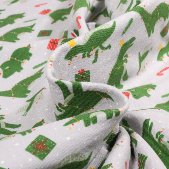 Tissu Jersey Coton Dino Christmas sur fond Gris clair - Par 10 cm
