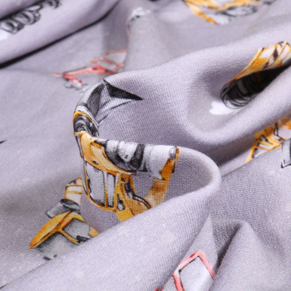 Tissu Sweat léger French Terry Engins de chantier sur fond Gris clair - Par 10 cm