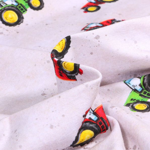 Tissu Sweat léger French Terry Tracteurs rouge et vert sur fond Gris clair - Par 10 cm