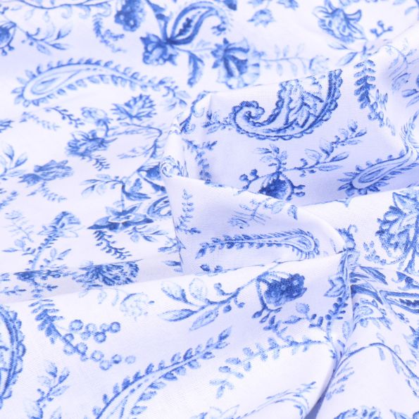 Tissu Coton imprimé Paisley blue sur fond Blanc - Par 10 cm