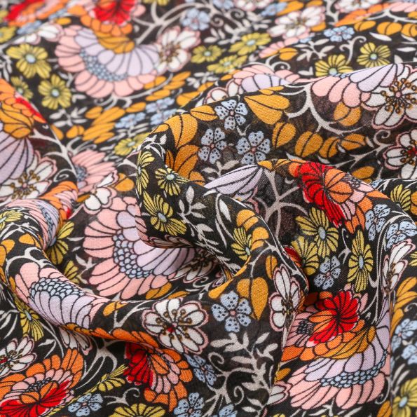 Tissu Mousseline Aglae sur fond Noir - Par 10 cm