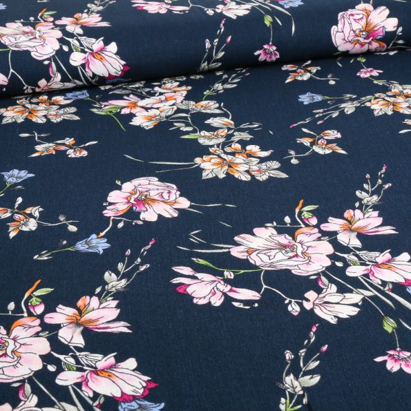 Tissu Crépon Viscose Tori sur fond Bleu marine - Par 10 cm