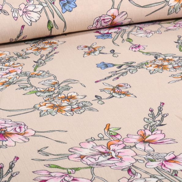 Tissu Crépon Viscose Tori sur fond Beige - Par 10 cm