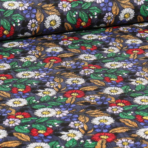 Tissu Coton Viscose Sweet Flower Anne sur fond Bleu marine - Par 10 cm