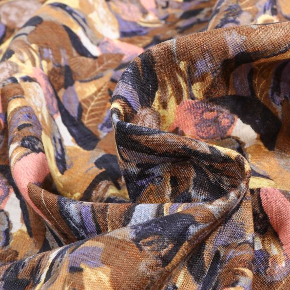 Tissu Coton Viscose Catina rose sur fond Marron - Par 10 cm