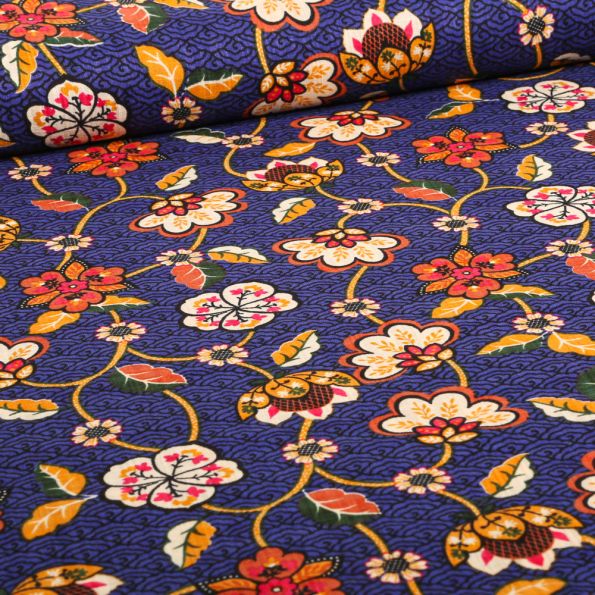 Tissu Coton Viscose Reki sur fond Bleu roi - Par 10 cm
