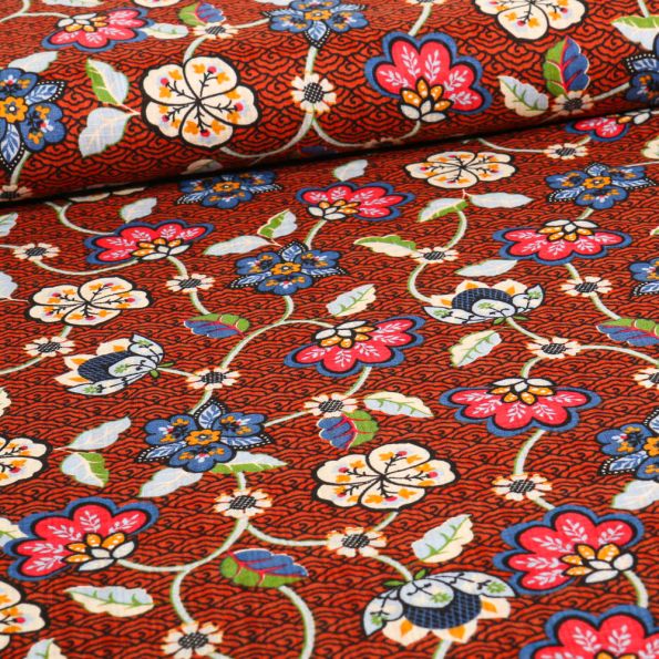 Tissu Coton Viscose Reki sur fond Rouille - Par 10 cm