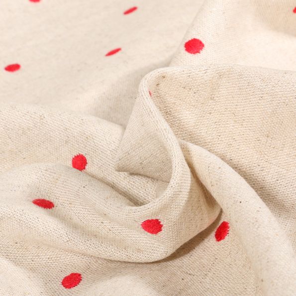 Tissu Lin Viscose Pois brodés rouge sur fond Naturel - Par 10 cm