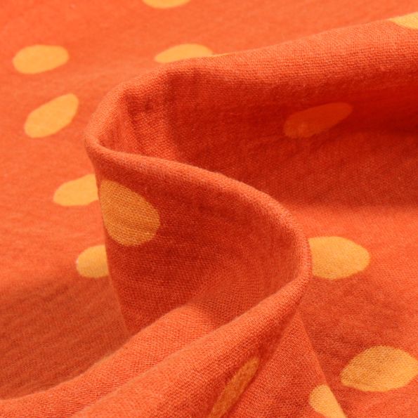 Tissu Double gaze Pois 2 cm sur fond Orange - Par 10 cm
