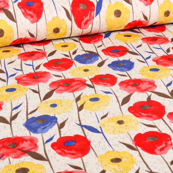 Tissu Jersey Viscose Lin Coquelicots rouges et jaunes sur fond Naturel - Par 10 cm