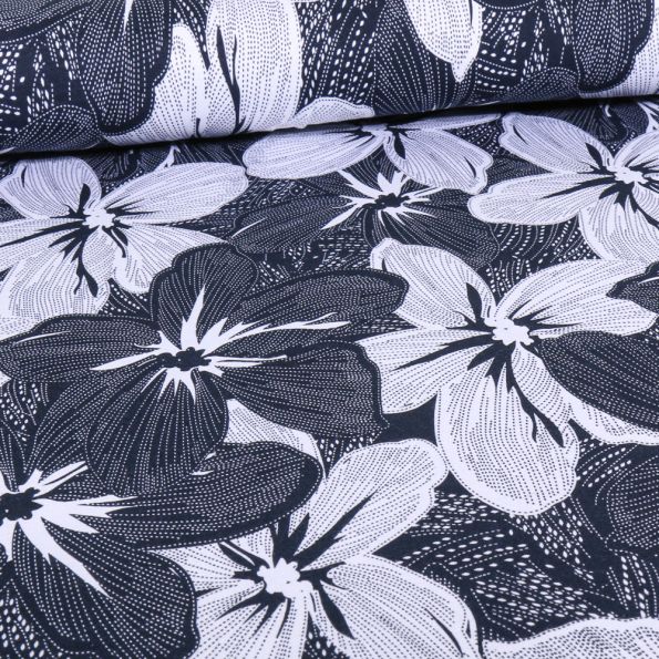 Tissu Jersey Viscose Maréva sur fond Bleu marine - Par 10 cm