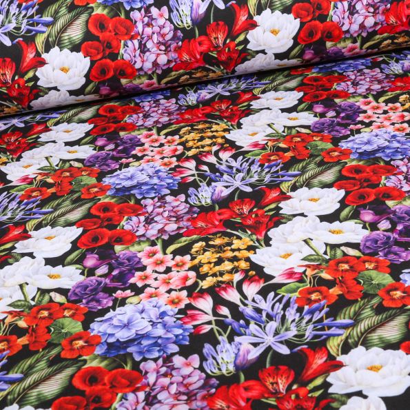 Tissu Softshell Digital Flowers sur fond Noir - Par 10 cm