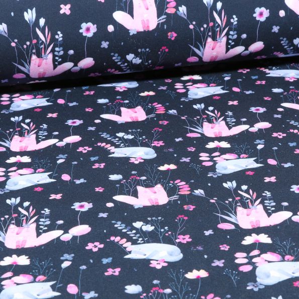 Tissu Softshell Aquarelle animaux sur fond Bleu marine - Par 10 cm