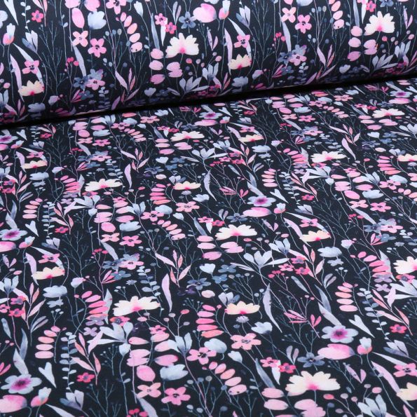 Tissu Softshell Flowers digital sur fond Bleu marine - Par 10 cm
