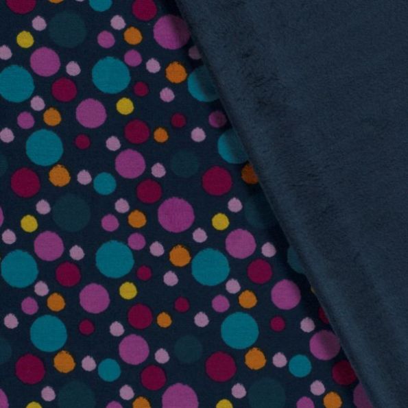 Tissu Sweat envers minky Pois Gian sur fond Bleu marine - Par 10 cm