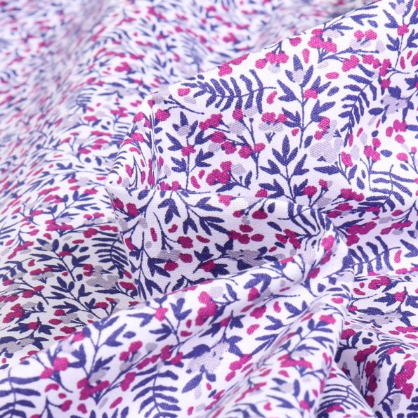 Tissu Coton imprimé Sweet Flower Maureen fuschia violet sur fond Blanc - Par 10 cm