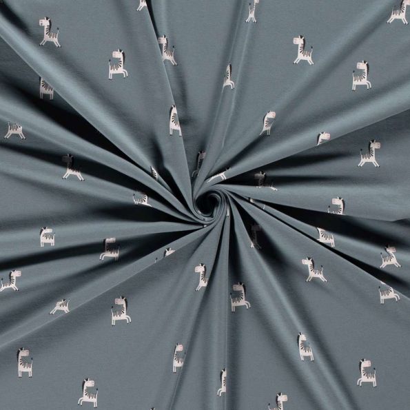 Tissu Jersey Coton imprimé Tom petits zèbres sur fond Gris ardoise - Par 10 cm