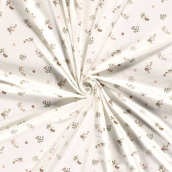 Tissu Jersey Coton imprimé Fleuris Léo sur fond Ecru - Par 10 cm