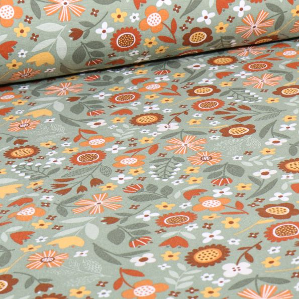 Tissu Jersey Coton Lima sur fond Vert amande - Par 10 cm