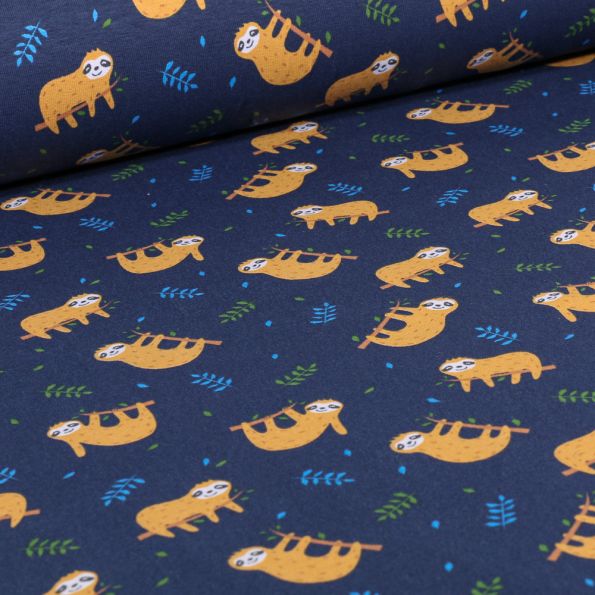 Tissu Jersey Coton Sloth sur fond Bleu marine - Par 10 cm