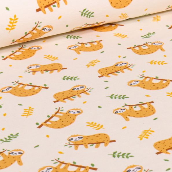 Tissu Jersey Coton Sloth sur fond Beige - Par 10 cm