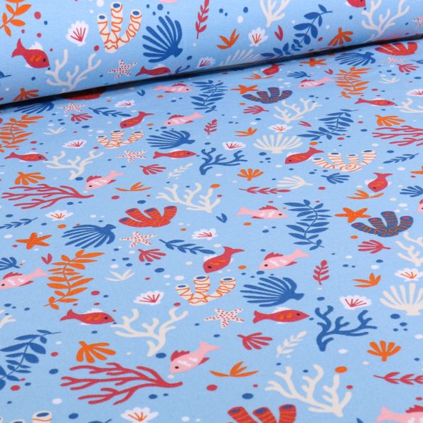 Tissu Jersey Coton Sealife sur fond Bleu ciel - Par 10 cm