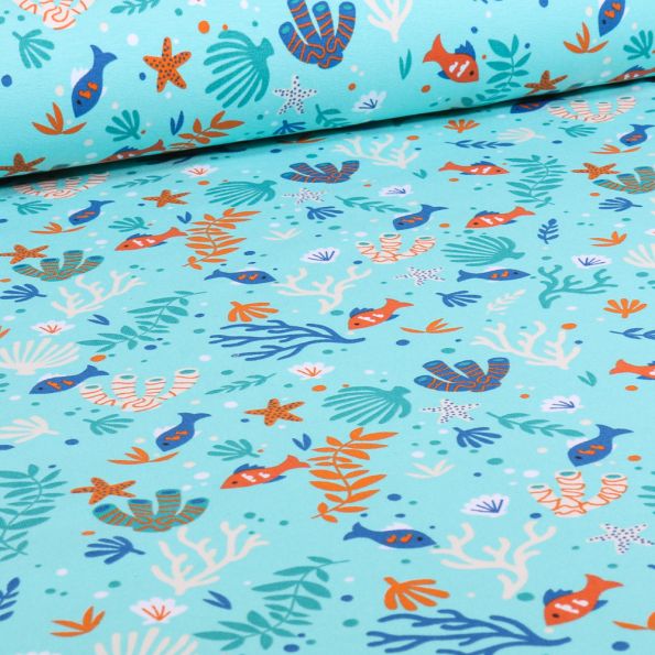 Tissu Jersey Coton Sealife sur fond Bleu lagon - Par 10 cm