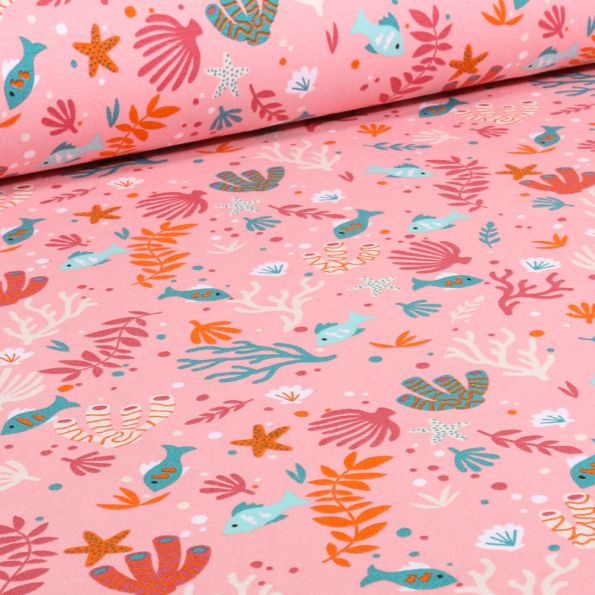 Tissu Jersey Coton Sealife sur fond Rose - Par 10 cm