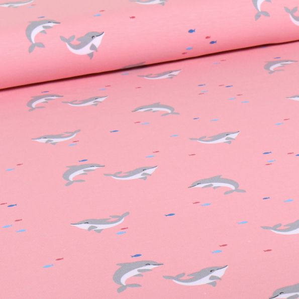 Tissu Jersey Coton Dauphins sur fond Rose pâle - Par 10 cm