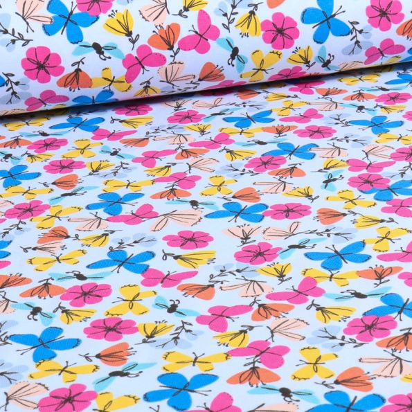 Tissu Jersey Coton Fleurs & papillons sur fond Bleu ciel - Par 10 cm