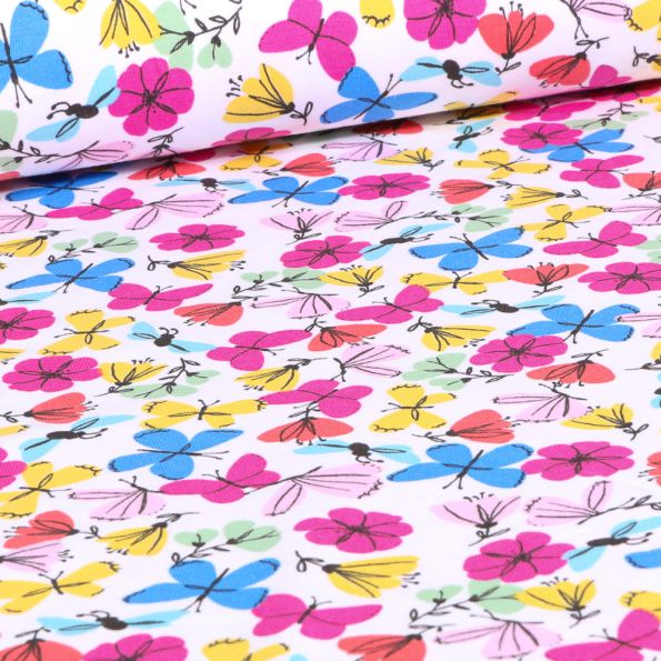 Tissu Jersey Coton Fleurs & papillons sur fond Blanc - Par 10 cm
