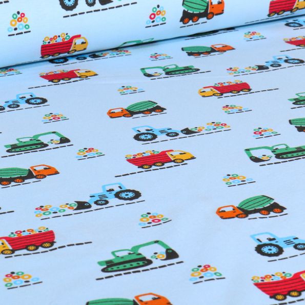 Tissu Jersey Coton Traffic sur fond Bleu ciel - Par 10 cm