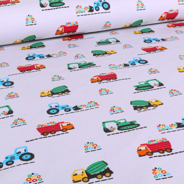 Tissu Jersey Coton Traffic sur fond Gris clair - Par 10 cm