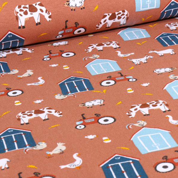 Tissu Jersey Coton Farm sur fond Cuivre - Par 10 cm