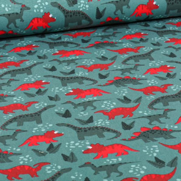 Tissu Jersey Coton Dinodino sur fond Bleu céladon - Par 10 cm