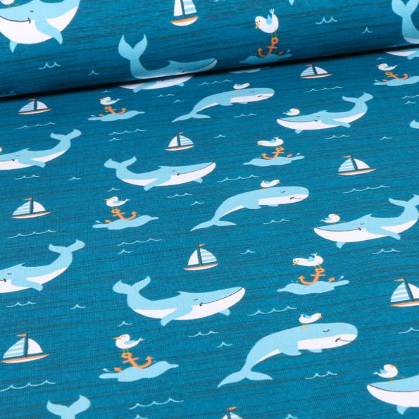 Tissu Jersey Coton Happy Baleines sur fond Bleu pétrole - Par 10 cm