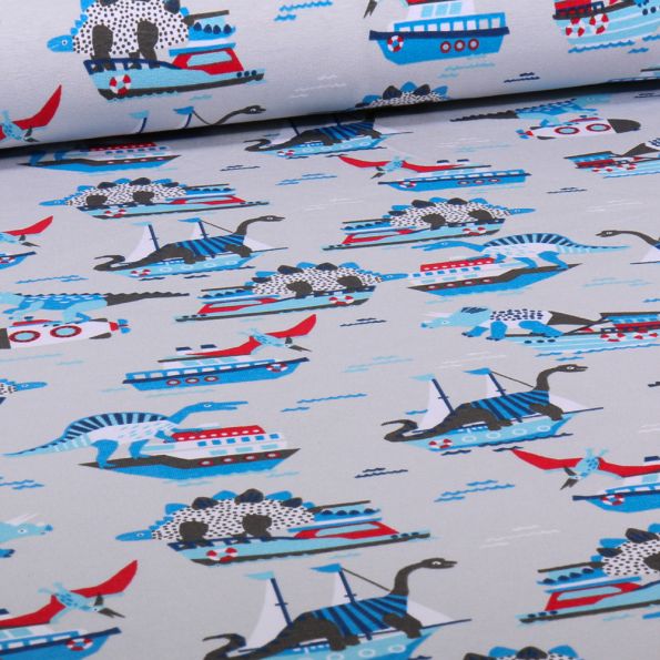 Tissu Jersey Coton Dino marins sur fond Gris - Par 10 cm