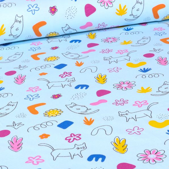 Tissu Jersey Coton Cats and flowers sur fond Bleu ciel - Par 10 cm