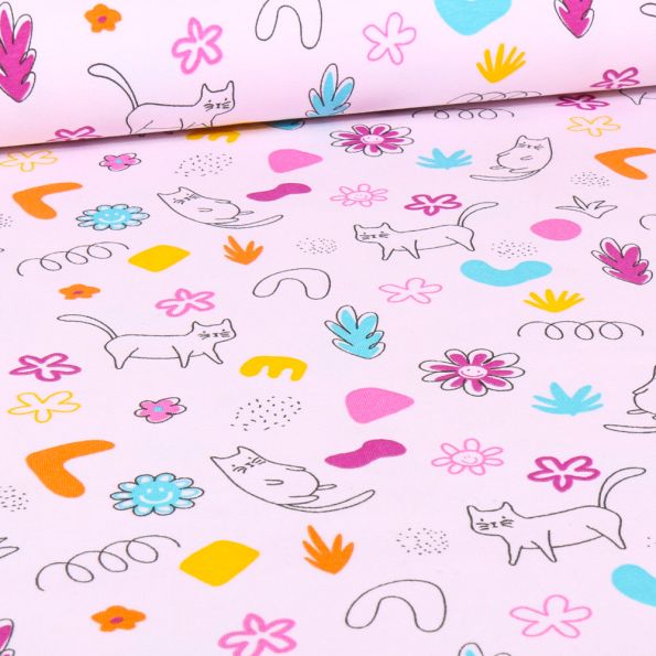 Tissu Jersey Coton Cats and flowers sur fond Rose pâle - Par 10 cm