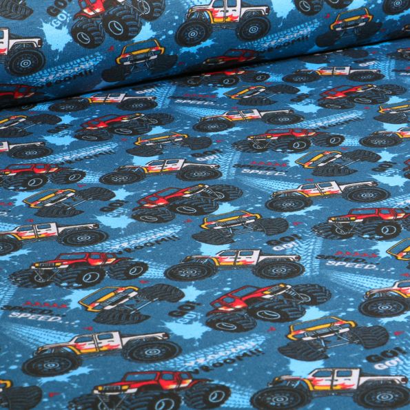 Tissu Jersey Coton envers gratté Monster truck sur fond Bleu foncé - Par 10 cm