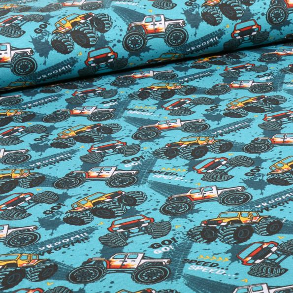 Tissu Jersey Coton envers gratté Monster truck sur fond Bleu turquoise - Par 10 cm
