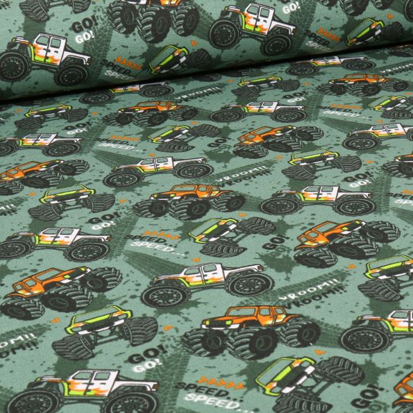 Tissu Jersey Coton envers gratté Monster truck sur fond Vert kaki - Par 10 cm